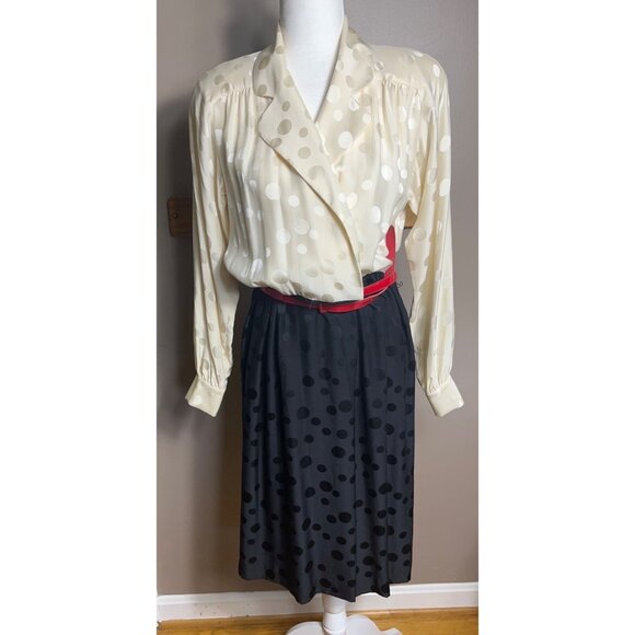 Liz Claiborne Silk Dress 80s Blouson Shirt Dress Midi Black Ivory Womens Sz 4-6 - Picture 2 of 10